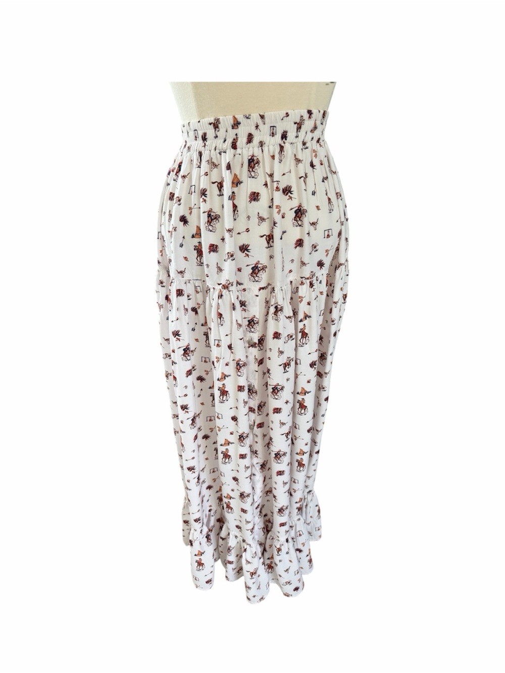 White Tiered Maxi Skirt with Western Print